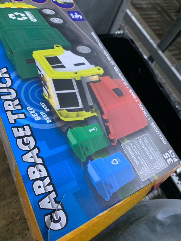 Photo 1 of ***DAMAGED AND MISSING PIECES*** JOYIN Large Friction Powered Garbage Truck Toy Set, Includes Dumpster, Trash Bins, and Learning Cards for Kids, Boy Toys Birthday Gift for Boys Girls Kids Toddler Gift for Christmas