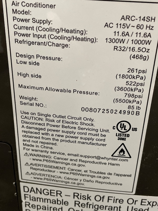 Photo 1 of ****NOT TURNING ON *** FOR PARTS ONLY***
Whynter Portable Air Conditioner 14,000 BTU & Heater with Dual Hose Dehumidifier & Cooling Fan for 500 Sq Ft Rooms, Includes AC Unit Window Kit, ARC-14SH (9,200 SACC)