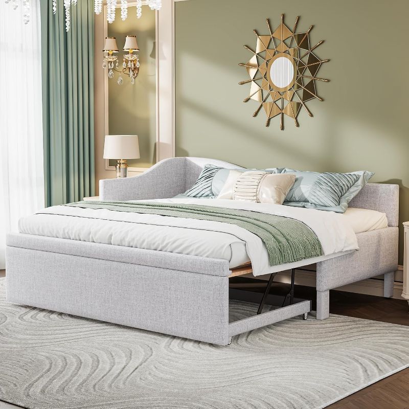 View 3 of **Box 1 of 2** MERITLINE Twin Size Upholstered Daybed with Pop Up Trundle, L-Shaped Wooden Bed Frame with Trundle for Bedroom, No Box Spring Needed (Beige)
