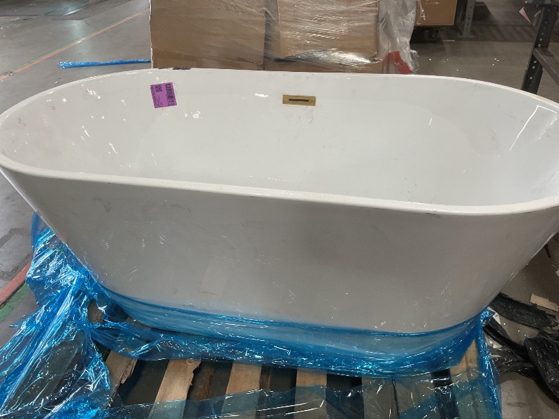Photo 1 of *** DIRTY  MISSING DRAIN PLUG, has crack around rim on one side ** WOODBRIDGE 59" Freestanding White Acylic Soaking Bathtub with Brushed Gold Drain and Overflow, BTA1514-BG