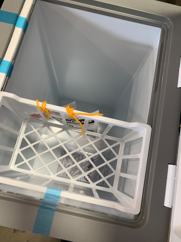 Photo 1 of (MAJOR DAMAGES, FUNCTIONAL FOR PARTS)  MERC04C4BAWW Chest Freezer, 3.5 Cubic Feet Freezer With Removable Basket, Interior LED Light, Adjustable Temperature, For Kitchen Apartment Office, White ** lid hinges are broken see pics ***