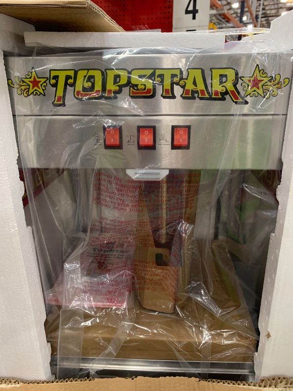 Photo 1 of (please see all images) Top Star Popcorn Machine - 12oz Stainless-Steel Kettle, Reject Kernel Tray, Warming Light, and Accessories by Great Northern Popcorn (Red and Yellow)