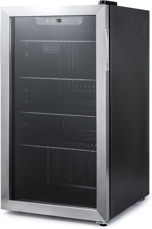 Photo 1 of ***DENTS**BLACK+DECKER 3.3 Cu. Ft. Beverage Cooler, Beverage Fridge with Double Pane Glass Door, Drink Fridge and Beverage Refrigerator with 112-Can Capacity for Home Bar and Home Office with LED Display