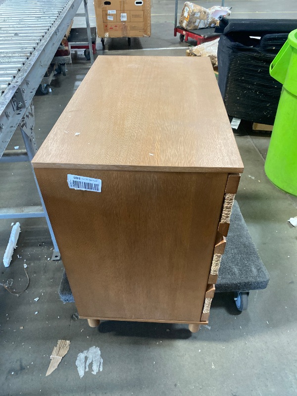 Photo 1 of (MISSING LEGS/ DAMAGES) Nathan James Beacon 3 Drawer, Light Brown Boho, Bohemian Woven Seagrass Bedroom Dresser