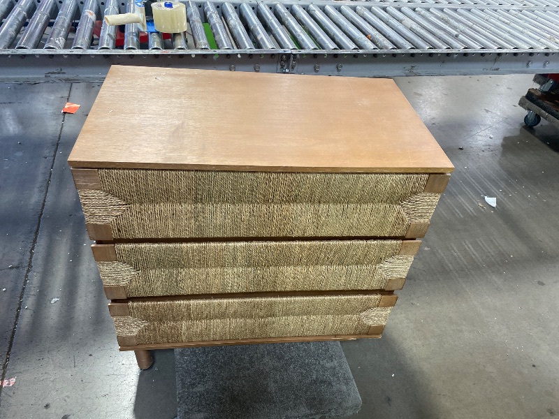 Photo 1 of (MISSING LEGS/ DAMAGES) Nathan James Beacon 3 Drawer, Light Brown Boho, Bohemian Woven Seagrass Bedroom Dresser