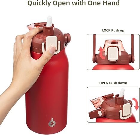 View 1 of *** BROKEN LATCH ***BJPKPK Insulated Water Bottles with Straw, 45 oz Stainless Steel Metal Water Bottle with One-handed Opening Lid, BPA Free Reusable Jugs for Gym Sports Outdoors, Red