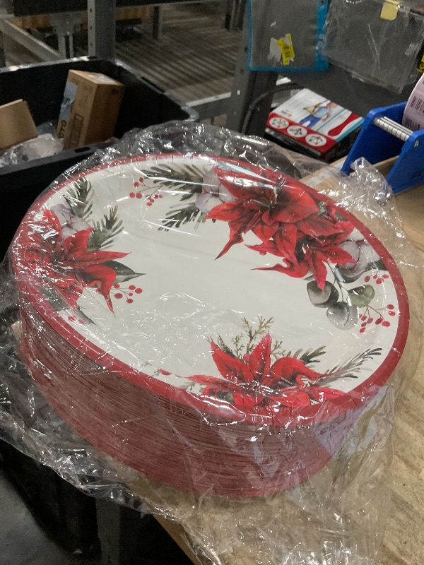 Photo 1 of 100Pcs Christmas Oval Paper Plates 10" x 12" Large Disposable Heavy Duty Red Poinsettia Floral Party Plates Merry Christmas Dessert Platters for Xmas Winter Festive Holiday Party Supplies Decor