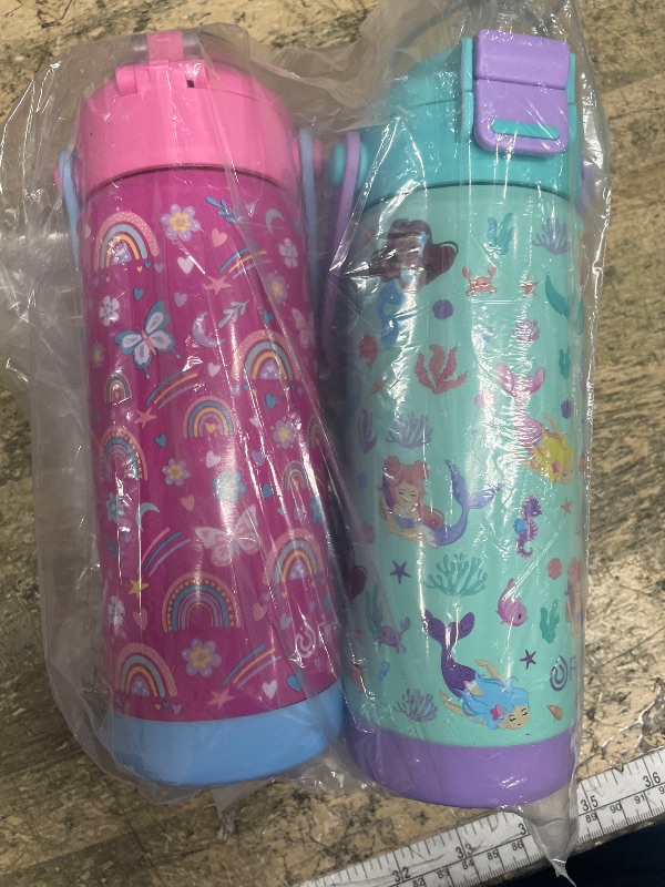 Photo 1 of ***NO STRAWS/ MINOR DAMAGE*** Kids Insulated Water Bottle with Pop-Open Straw & Spout 2-in-1 Lid, 18oz Leak Proof 18/8 Stainless Steel Vacuum Tumbler, BPA-Free Kids Cup For Travel School Boys Girls Toddler, Rainbow & Mermaid