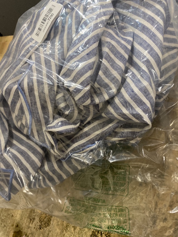View 2 of (ONLY 1) ***PARTS ONLY***AORISSI 100% French Flax Linen Tablecloths Scalloped Embroidery Rectangle 120Lx60W Inch for Dinners, Parties, Spring, Machine Washable, 10-12 Sets, Blue Stripe(Edges-Blue)