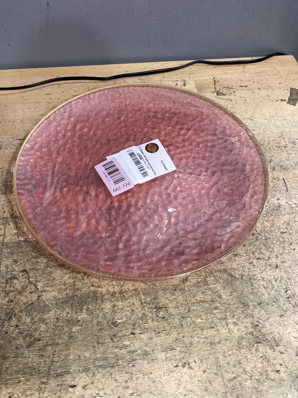 Photo 1 of [Pink Hammered With Gold Rim 4 Pack] 13'' Charger Plates Pink Hammered With Gold Rim Plastic Heavy Duty Disposable Dinner Chargers Serveware Dishes Platters Tableware for parties, Weddings