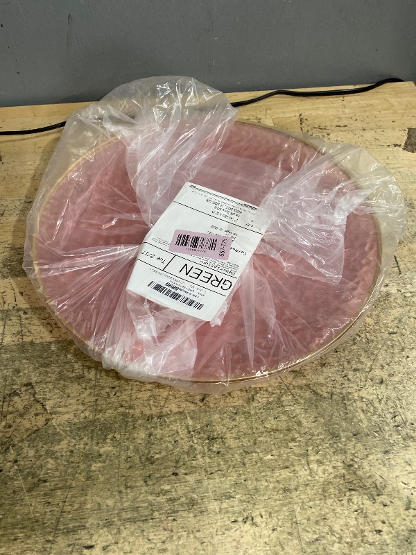 Photo 1 of [Pink Hammered With Gold Rim 4 Pack] 13'' Charger Plates Pink Hammered With Gold Rim Plastic Heavy Duty Disposable Dinner Chargers Serveware Dishes Platters Tableware for parties, Weddings