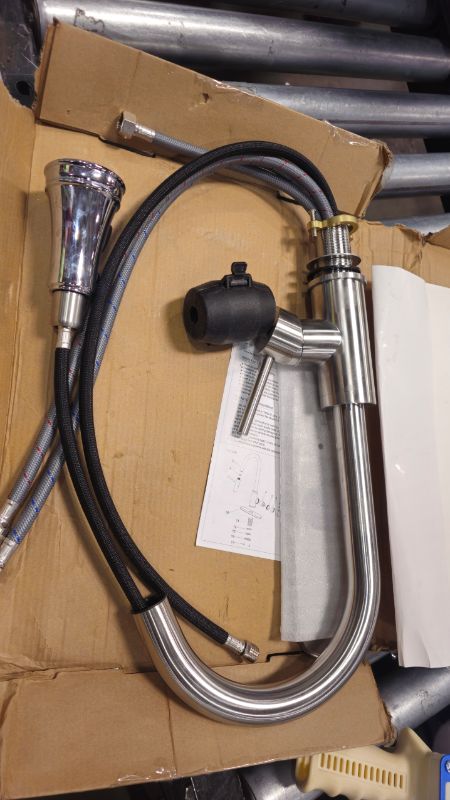 Photo 1 of ***Missing hardware**KPW Kitchen Faucet with Pull-Down Sprayer, Brushed Nickel, High-Arc Single Handle, Stainless Steel, Fits 1 or 3 Hole Sink