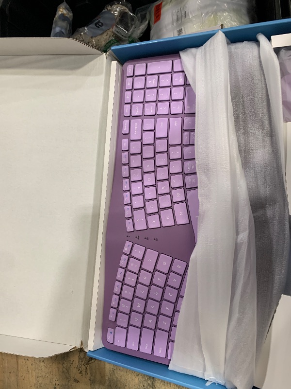 Photo 1 of **FOR PARTS ONLY**
MK960 Ergonomic Wireless Keyboard Mouse Combo, Bluetooth/2.4G Split Design Keyboard with Palm Rest and 4 Level DPI Adjustable Wireless Mouse Multi-Device, Rechargeable, for Windows/Mac/Android(Purple)
