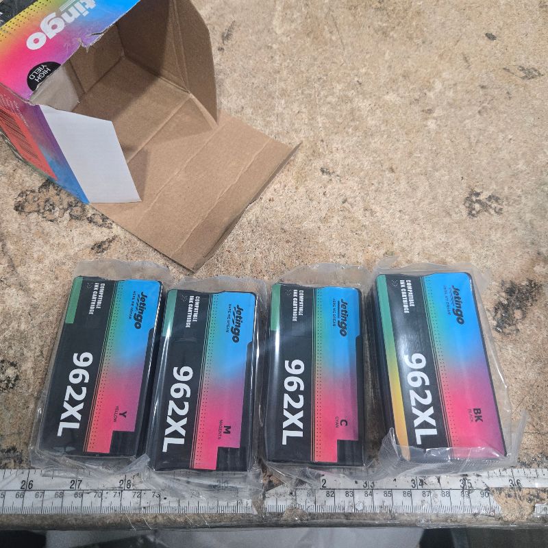 Photo 1 of **UNKNOWN DAMAGES** Jetingo 962xl Ink Cartridges Combo Pack for HP 962XL Black and Color Replacement for HP OfficeJet Pro 9010e 9015e 9010 9012 9015 9018 9025 Printers (4-Pack Black Cyan Magenta Yellow) (962-4P)
