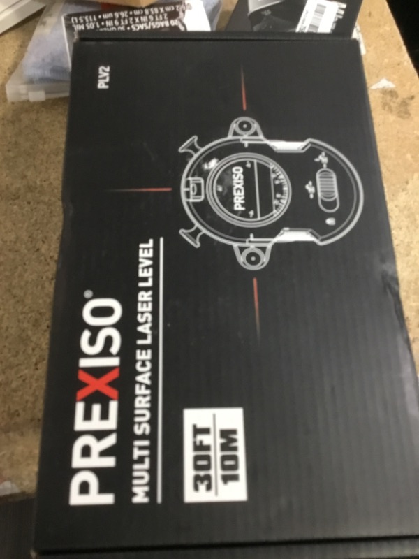 Photo 1 of PREXISO Multi Surface Laser Level LED Light Vial, 30Ft Horizontal & Vertical Line Laser with Wall Mount Base, 2 Pins, 10 Sticker, 2 AA Batteries for Hanging Frames & Picture, Construction Wall Writing