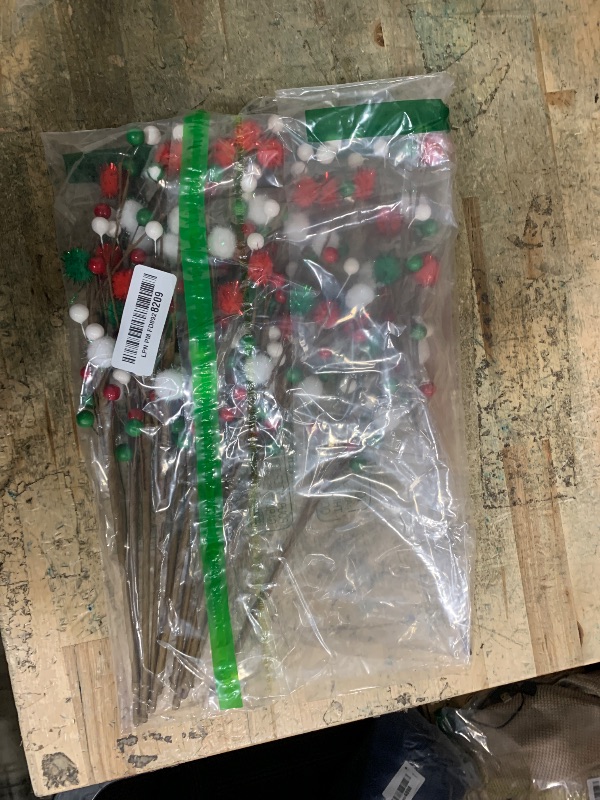 Photo 1 of 12PCS Christmas Tree Decorations Red Green Picks Berry Stems Xmas Ornaments Floral Pick with Beads Balls for Tree Topper Vase Home Table Decor