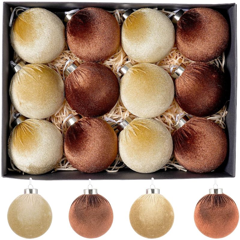 Photo 1 of 12Pcs Velvet Christmas Ornaments Set - Coffee Brown Large Shatterproof Christmas Tree Decorations, 3.15 Inch Multicolor Velvet Balls for Xmas Tree, Home, and Party Décor 