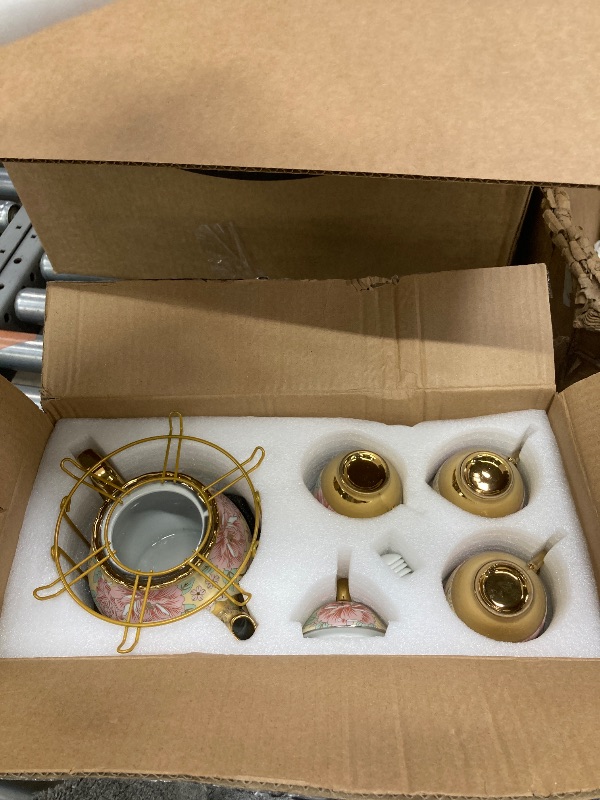 Photo 1 of **MISSING SPOON**Zhehao 20 Pcs Porcelain Tea Set with Metal Holder and Spoon Adult Ceramic Tea Set European Flower Painting Teapot Cup Saucer Spoon for Women, Large Version(Gorgeous Style)