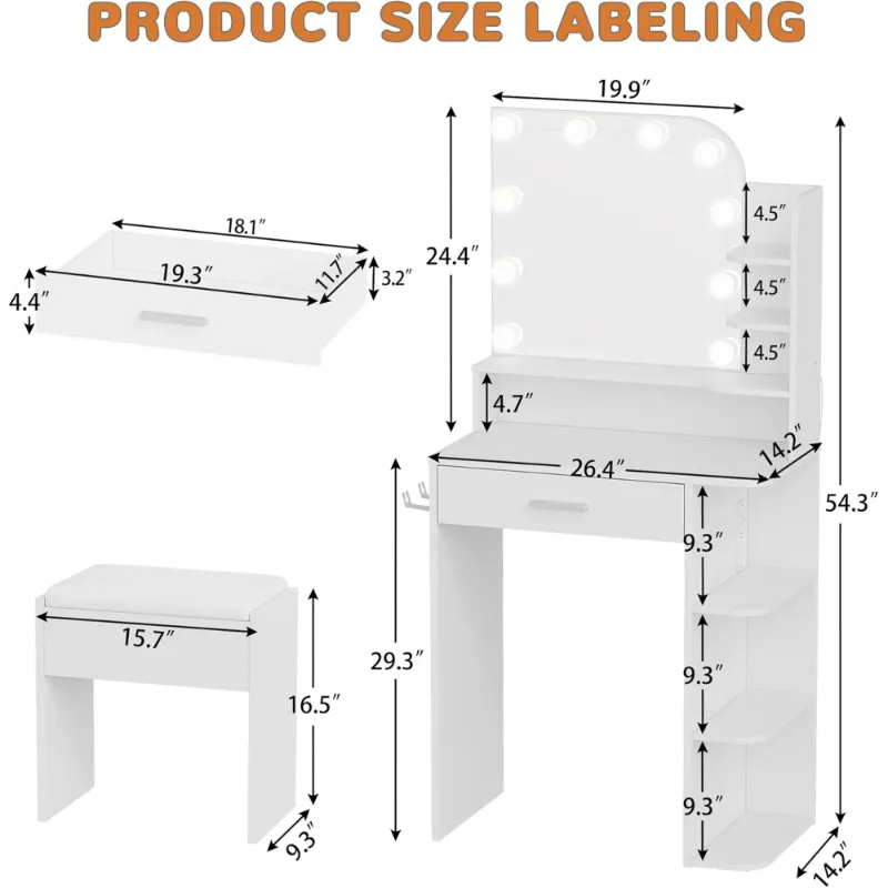 Photo 1 of ***Parts only***

***Only mirror***
Pipleo 26.4" Small Makeup Vanity Set with Mirror and Lights, Modern Vanity Desk with Bench and Power Outlets
