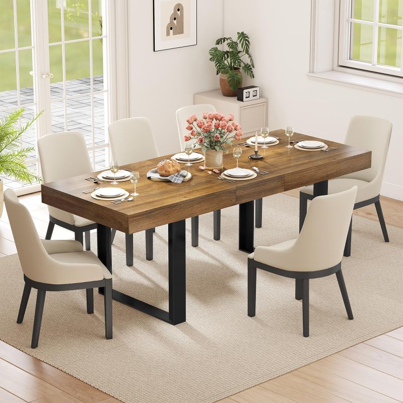 Photo 1 of ***COMES WITH 2 BOXES A AND B/COMPLETE SET***63"-78.7" Expandable Dining Table, 6-8 Extendable Dining Table, Rectangle Conference Table, Farmhouse Kitchen Table with Slide Track, Tapered U-Shaped Wood Legs for Office, Living Room-BrowN