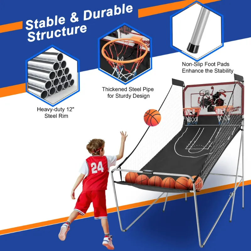 Photo 1 of **PARTS ONLY/CRACKED BACKBOARD***Dual Shot Basketball Arcade Game, Segmart 81"x44" Foldable Indoor Electronic Arcade Basketball Game with 6 Balls, 8 Modes, LED Scoreboard, Air Pump, Battery Powered for Adults, Black