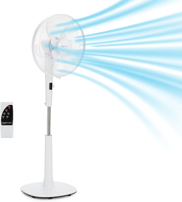 Photo 1 of ***The color is black****
+Amazon Basics 16" DC Motor Standing Floor Fan, 12 Speed with Remote, 3 Breeze Modes, Dual-Layered Blades (10 Blades), Timer, Energy Efficiency and Quiet DC Motor (28W), White