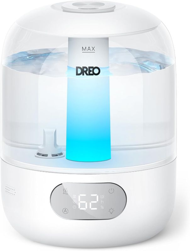 Photo 1 of /DREO Humidifiers for Bedroom, 3L Top Fill 30H & 26dB Quiet Runtime for Large Room, Cool Mist Ultrasonic Humidifier with Humidity Sensor, Night Light for Home, Baby, Nursery, Plant