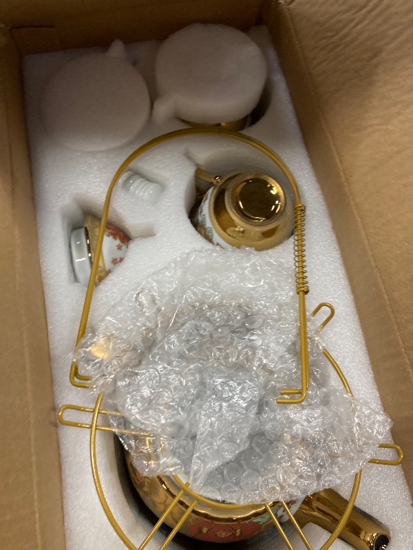 Photo 1 of **MISSING ONE CUP***Zhehao 20 Pcs Porcelain Tea Set with Metal Holder and Spoon Adult Ceramic Tea Set European Flower Painting Teapot Cup Saucer Spoon for Women, Large Version(Stylish Style)