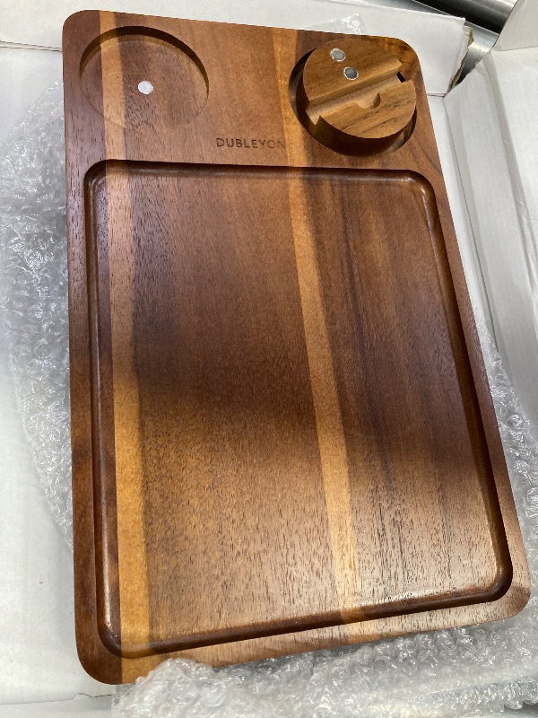 Photo 1 of ***MISSING CUP HOLDER -SELLING AS IS*** Couch Arm Tray Table with Cup Holder & Adjustable Phone Stand – Foldable Acacia Wood Sofa Arm Clip Table for Wide Couches, Recliners, and Living Room Use***(NO CUP HOLDER-BROKEN -SELLING AS IS)***