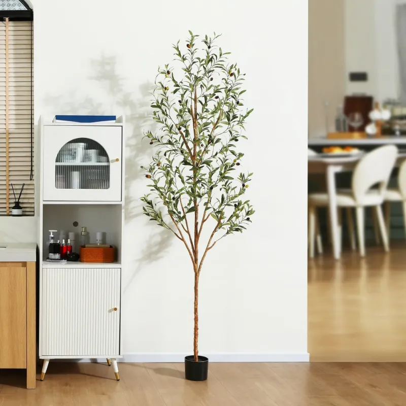 Photo 1 of 7 ft Artificial Olive Plants with Realistic Leaves and Natural Trunk, Silk Fake Olive Tree in Black Plastic Pot, Faux Olive Tree for Office Home