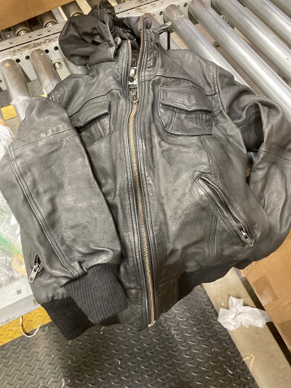 Photo 1 of ***VERY SMALL. SAYS LARGE BUT PLEASE LOOK AT MEASUREMENT PICS***Artistry Womens Genuine Lambskin Leather Motorcycle Jacket with Removable Leather Hood Black - Hooded leather bomber jacket (Black, Large)***VERY SMALL. SAYS LARGE BUT PLEASE LOOK AT MEASUREM