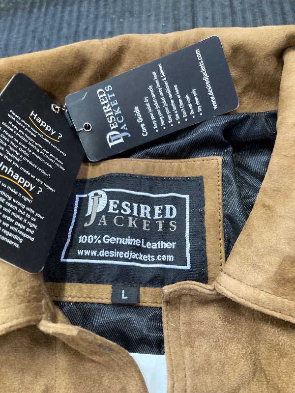 Photo 1 of ***TAPE STUCK ON 1 SLEEVE AS PICTURED***Alpha Suede Leather Jacket - Real Lambskin, Casual Trucker Coat for Men (US, Large, Regular, Khaki)***TAPE STUCK ON 1 SLEEVE AS PICTURED***