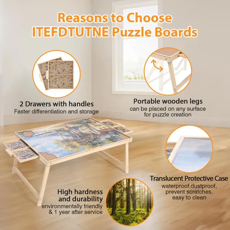 Photo 1 of 1500 Piece Puzzle Board With Folding Legs And 2 Sliding Drawers,34" X 26" Wooden Jigsaw Puzzle Table,Wood Puzzle Tray For Adults
