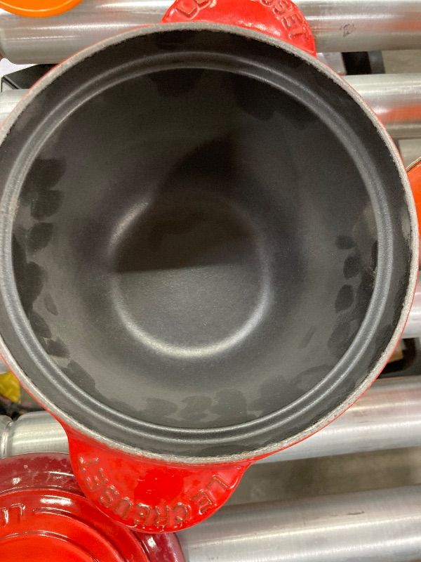 Photo 1 of *** LOTS OF CHIPS/MISSING LID KNOB**Le Creuset Enameled Cast Iron Rice Pot with Lid & Stoneware Insert, 2.25 qt., Cerise
