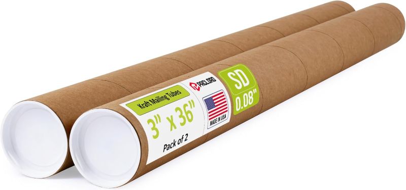 Photo 1 of ***1 MISSING CAP & CAPS & ONE ROLL ARE A LITTLE DEFORMED***3" x 36" Reinforced Kraft Paper Mailing Tubes, Pack of 2 Tubes with 2 Caps Each – USPS Approved Poster Tube – Made in USA Cardboard Tube for Shipping and Storing Posters, Prints, Artwork, or Docum