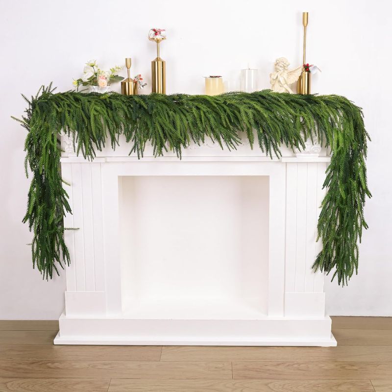 Photo 1 of 1 Pcs Artificial Norfolk Pine Garlands Christmas, 9 FT Dense Real Touch Winter Pine Garland Ornament, Green Artificial Greenery Garland for Table, Mantle, Wall, Indoor, Outdoor Christmas Decorations