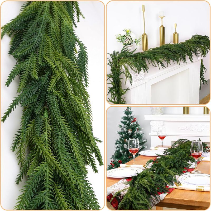 Photo 1 of 1 Pcs Artificial Norfolk Pine Garlands Christmas, 9 FT Dense Real Touch Winter Pine Garland Ornament, Green Artificial Greenery Garland for Table, Mantle, Wall, Indoor, Outdoor Christmas Decorations