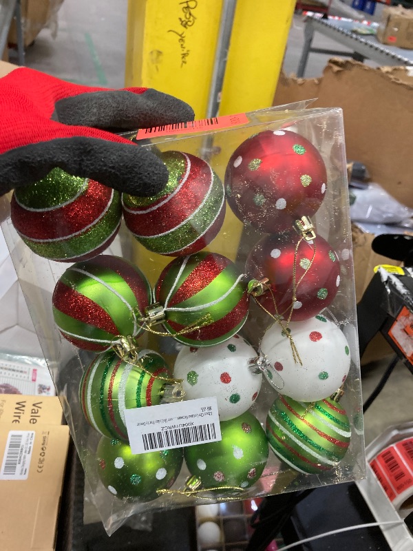 View 2 of 12pcs Christmas Ornaments 2.4 Inch Glittering Red Green Xmas Balls for Tree Decoration, Swirl Candy Cane Elf Design Baubles for Home Indoor Holiday Party Decor