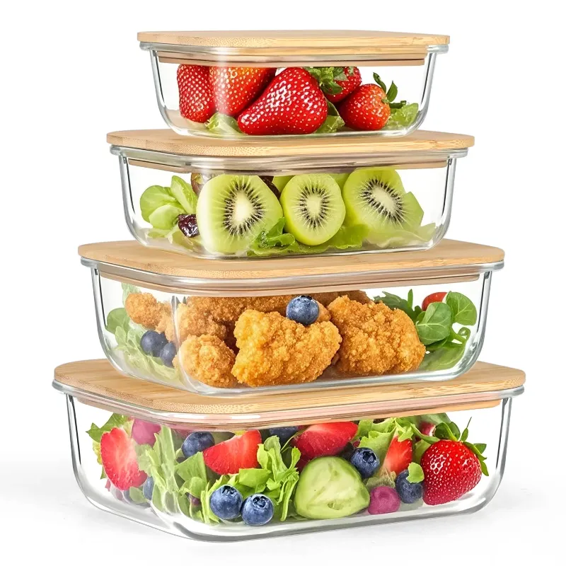 Photo 1 of  Pcs Glass Food Storage Containers with Bamboo Lids, Meal Prep Glass Containers Bento Lunch Box, Safe for Microwave, Oven, Freezer and Dishwasher, BPA Free
