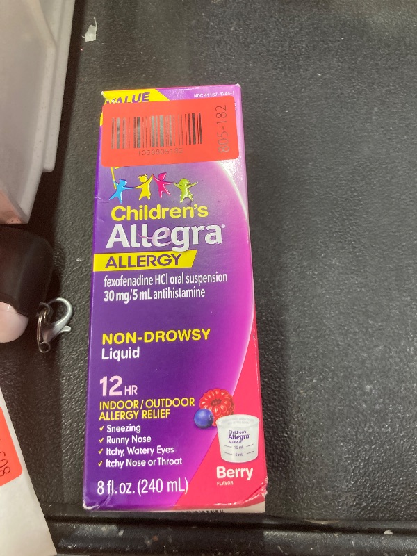 Photo 1 of ******** EXP/01/2027***** Allegra Children's 12-Hour Allergy Relief Liquid, Non-Drowsy Indoor and Outdoor Allergy Medicine, 30 mg Fexofenadine HCI Antihistamine for Kids, Berry Flavor, 8 oz