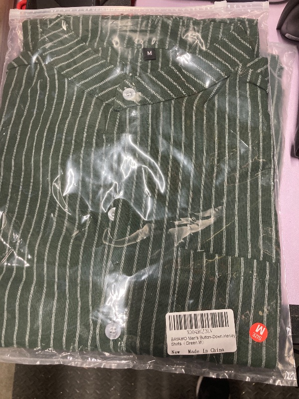 Photo 1 of ?Men's Banded Collar Stripe Shirt, Linen Cotton Mandarin Collar Long Sleeve Button Down Shirts Collarless Tops with Pocket for Casual & Business (Green M)
