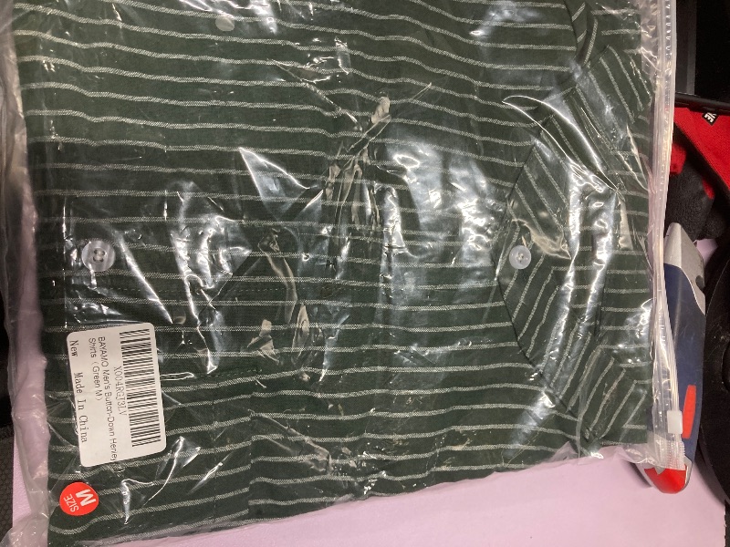 Photo 1 of ?Men's Banded Collar Stripe Shirt, Linen Cotton Mandarin Collar Long Sleeve Button Down Shirts Collarless Tops with Pocket for Casual & Business (Green M)