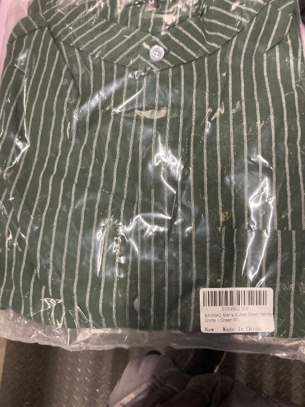 Photo 1 of ?Men's Banded Collar Stripe Shirt, Linen Cotton Mandarin Collar Long Sleeve Button Down Shirts Collarless Tops with Pocket for Casual & Business (Green M)