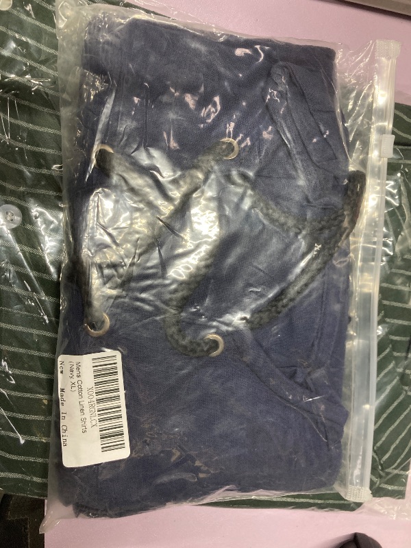 Photo 1 of ?Men's Banded Collar Stripe Shirt, Linen Cotton Mandarin Collar Long Sleeve Button Down Shirts Collarless Tops with Pocket for Casual & Business (Navy XXL)