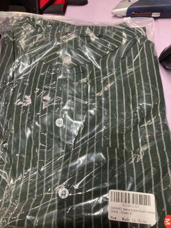 Photo 1 of ?Men's Banded Collar Stripe Shirt, Linen Cotton Mandarin Collar Long Sleeve Button Down Shirts Collarless Tops with Pocket for Casual & Business (Green M)