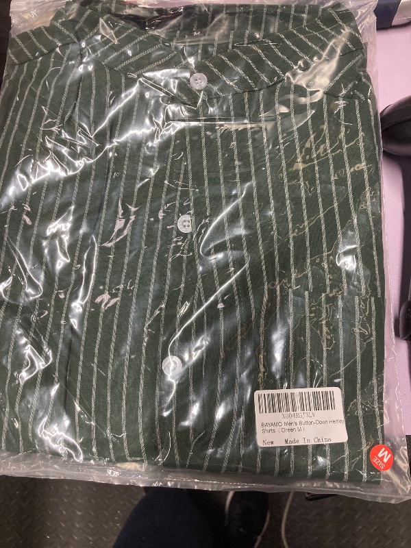 Photo 1 of ?Men's Banded Collar Stripe Shirt, Linen Cotton Mandarin Collar Long Sleeve Button Down Shirts Collarless Tops with Pocket for Casual & Business (Green M)