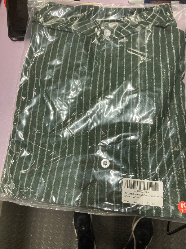 Photo 1 of ?Men's Banded Collar Stripe Shirt, Linen Cotton Mandarin Collar Long Sleeve Button Down Shirts Collarless Tops with Pocket for Casual & Business (Green M)