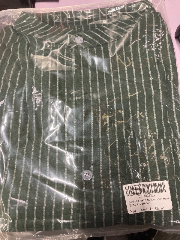 Photo 1 of ?Men's Banded Collar Stripe Shirt, Linen Cotton Mandarin Collar Long Sleeve Button Down Shirts Collarless Tops with Pocket for Casual & Business (Green M)