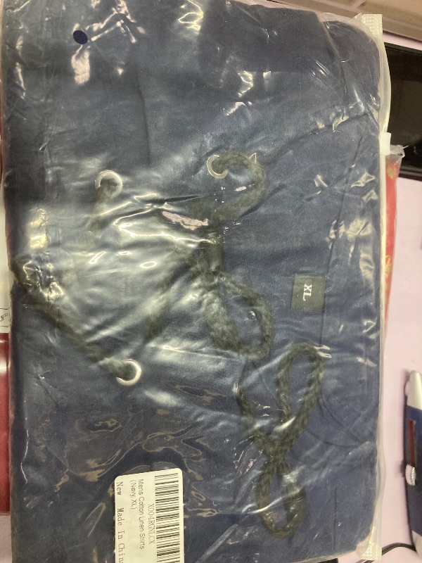 Photo 1 of ?Men's Banded Collar Stripe Shirt, Linen Cotton Mandarin Collar Long Sleeve Button Down Shirts Collarless Tops with Pocket for Casual & Business (Navy XXL)