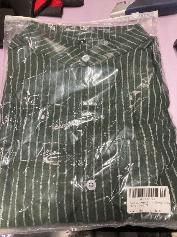 Photo 1 of ?Men's Banded Collar Stripe Shirt, Linen Cotton Mandarin Collar Long Sleeve Button Down Shirts Collarless Tops with Pocket for Casual & Business (Green M)